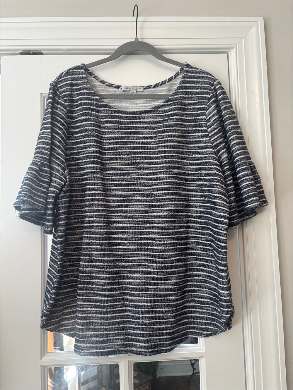 Green Envelope Black & White Striped Short Sleeve Knit Top